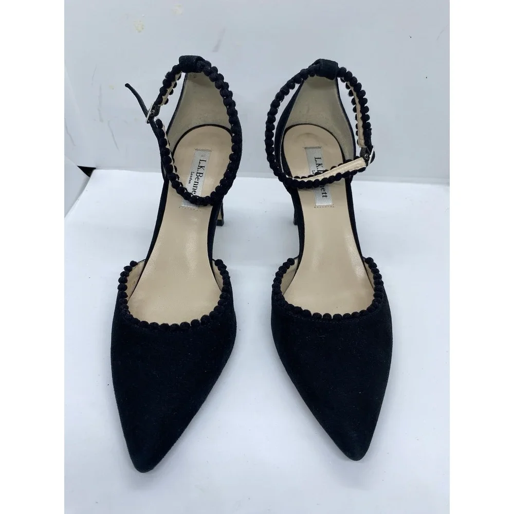 Black LK Bennett Ellora Suede Pom-Pom D'Orsay Ankle Strap Sandal Sz 39 US 8.5